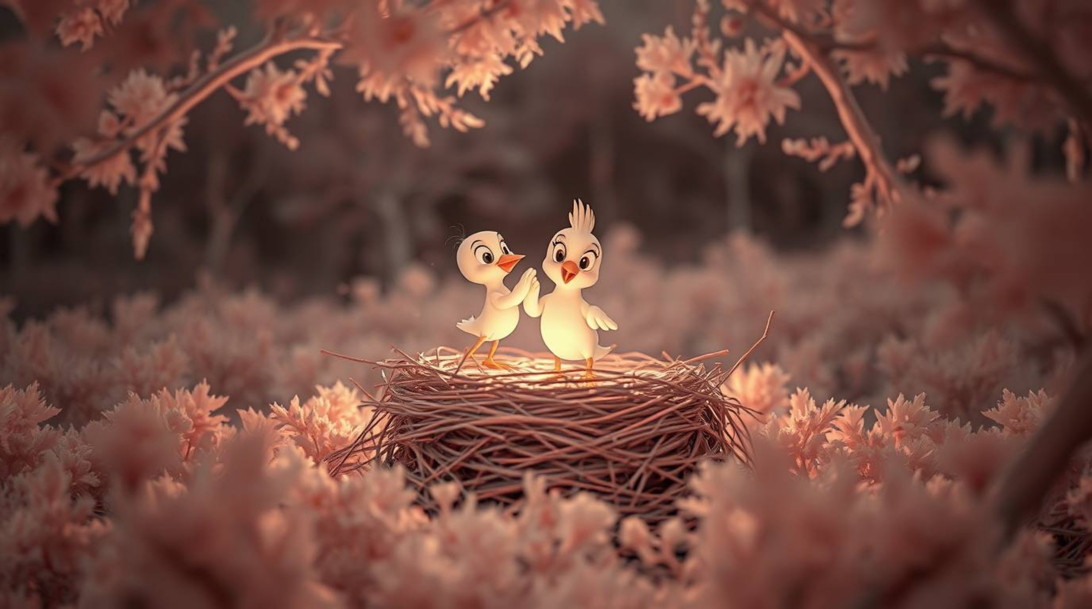 A surreal infrared photograph depicts two cartoon birds constructing a nest. The image is rendered in a classic animation st
