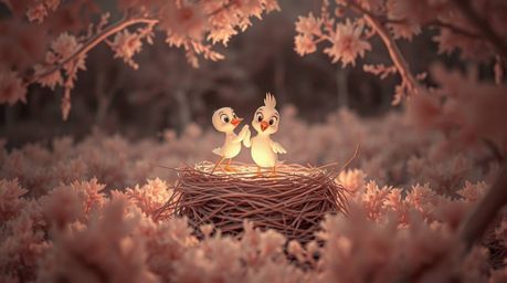 A surreal infrared photograph depicts two cartoon birds constructing a nest.  The image is rendered in a classic animation st