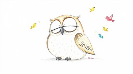 A hand-drawn sketch inspired by Pixar, showcasing a gentle, blind owl with light brown feathers and rounded features, eyes pe