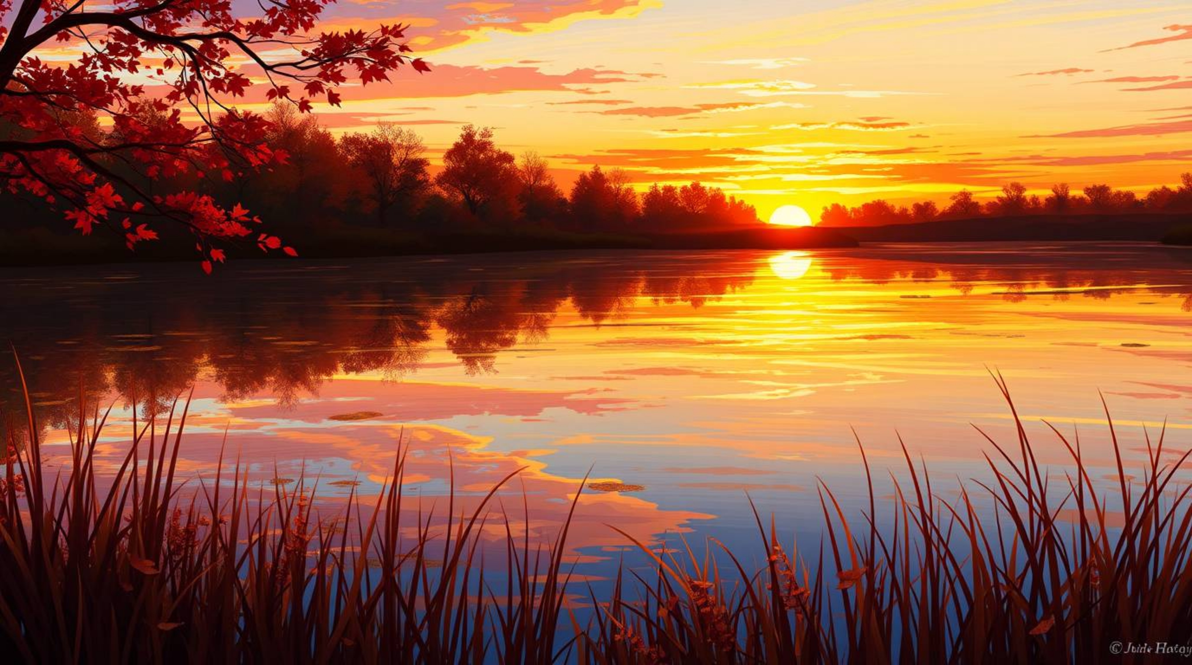 A captivating digital painting showcasing the reflection of a vibrant sunset in a tranquil pond.  Warm autumnal colors create