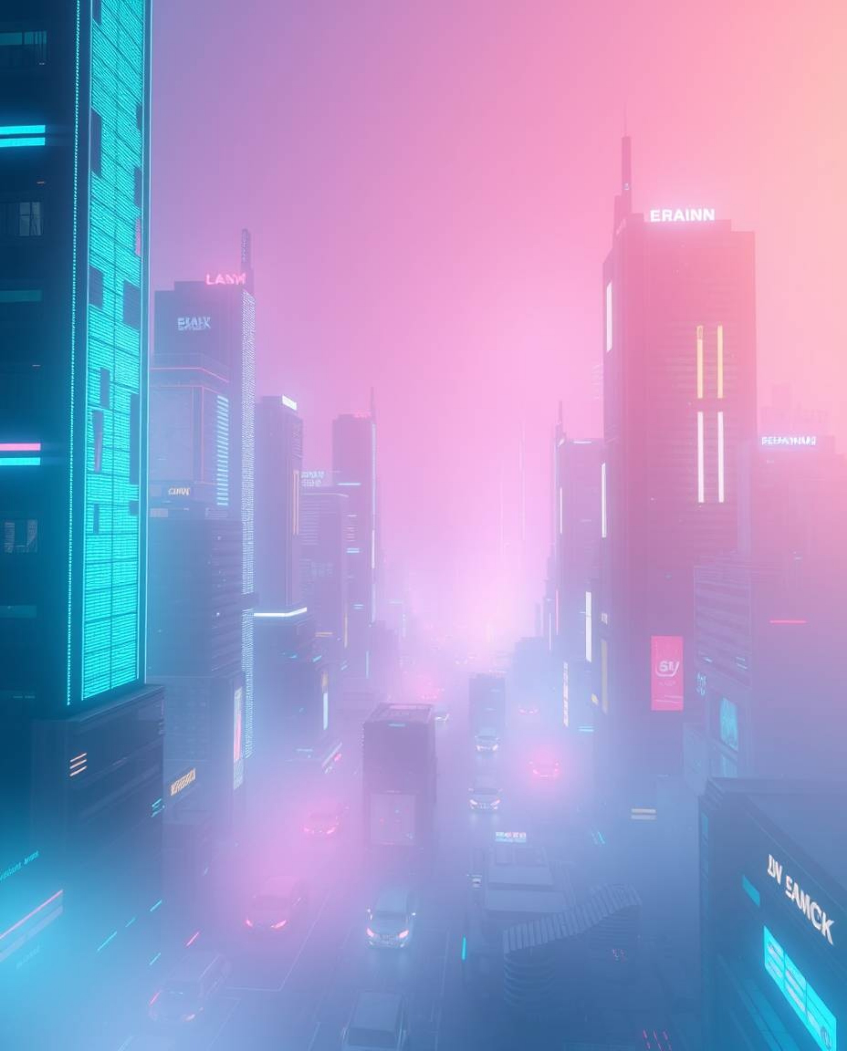 Experience a dreamy, futuristic cityscape rendered in a glitch mode.  Soft gradients seamlessly blend into a hazy, atmospheri