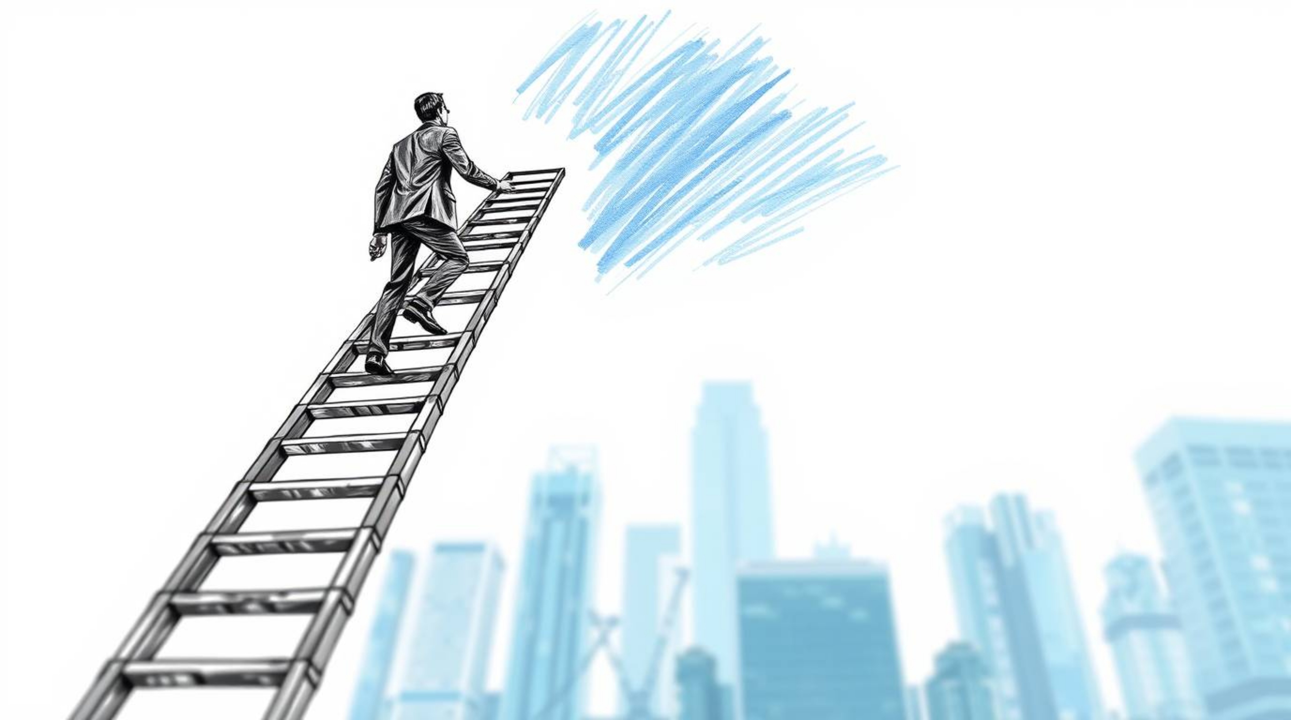 A captivating hand-drawn sketch depicts a businessperson ascending a transparent ladder that seemingly disappears into the vi
