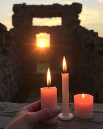 Warm candlelight illuminates a scene where a sunset casts shadows through ancient stone ruins. Flickering flames create a war
