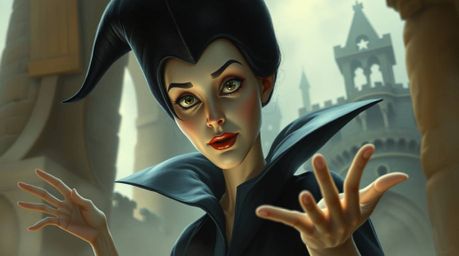 A captivating image of a classic Disney villain, rendered in the style of a classic oil painting.  The villain, with soft fea