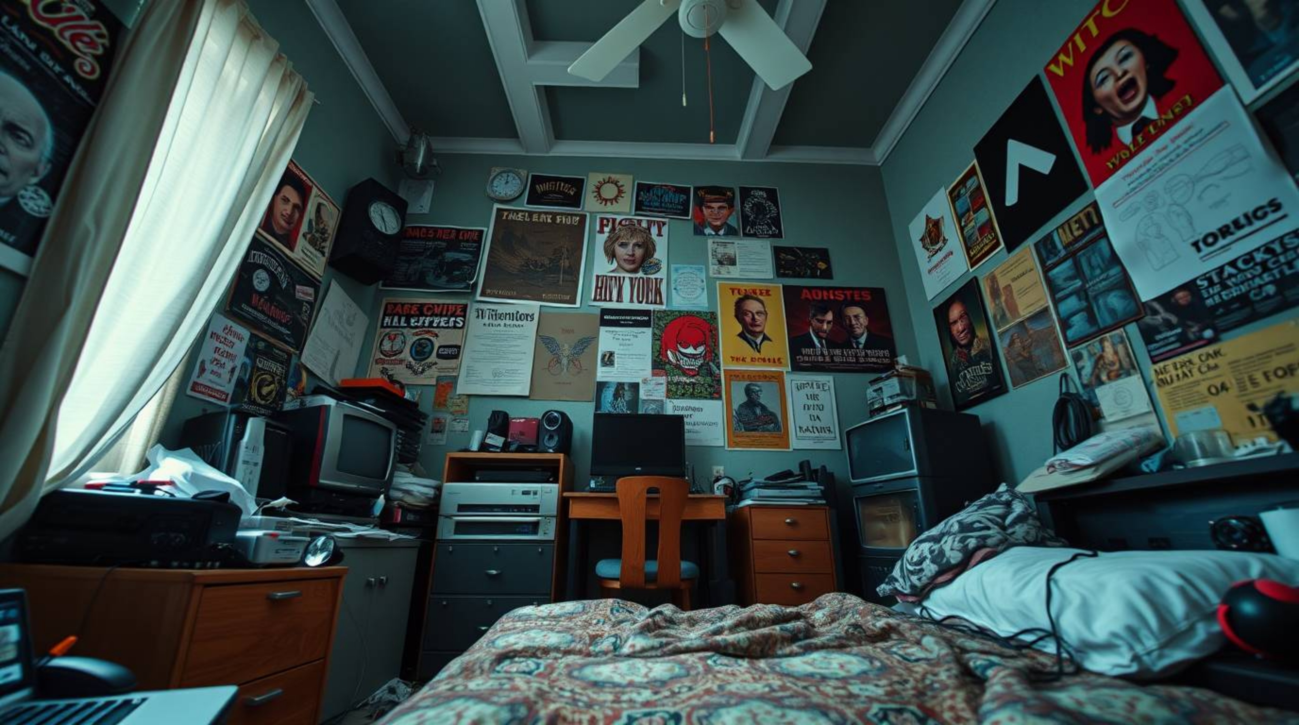 This captivating image portrays a messy bedroom filled with peculiar gadgets and vibrant posters, captured from a unique low-
