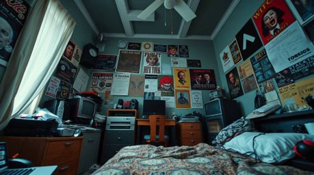 This captivating image portrays a messy bedroom filled with peculiar gadgets and vibrant posters, captured from a unique low-