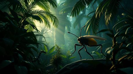 Explore a vast backyard jungle from the perspective of a bug-sized hero in a modern, futuristic style. This stunning image fe