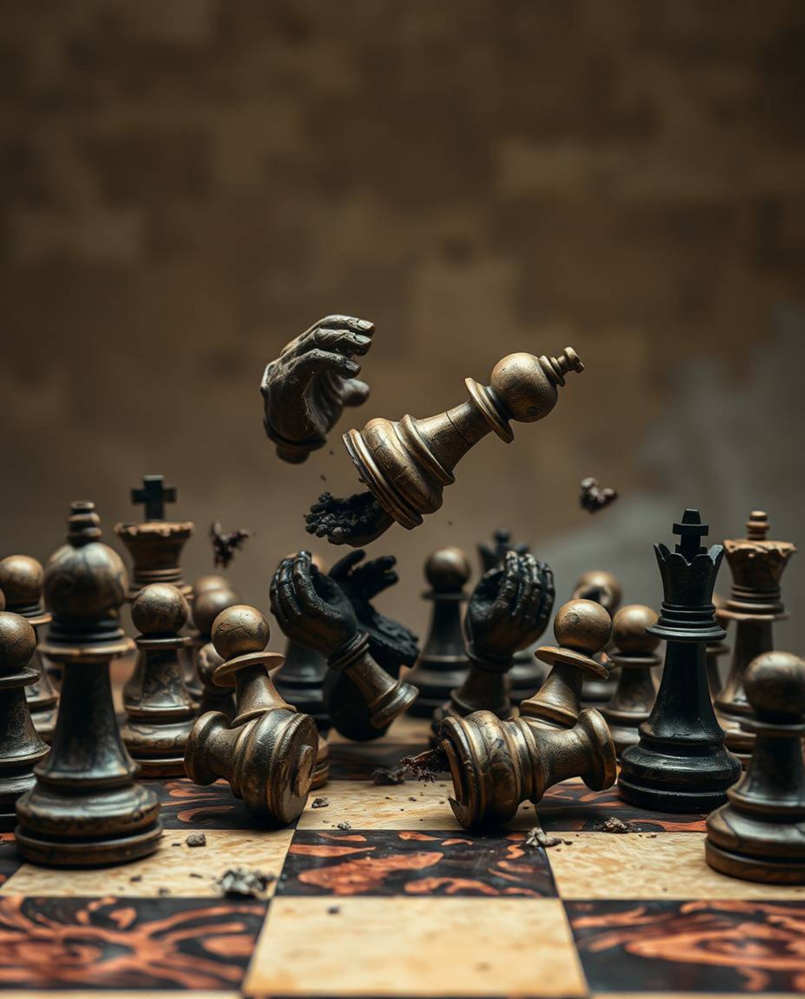 An unsettling image of a chessboard where the pieces are suspended mid-air, frozen in a moment of destruction.  Rendered in n