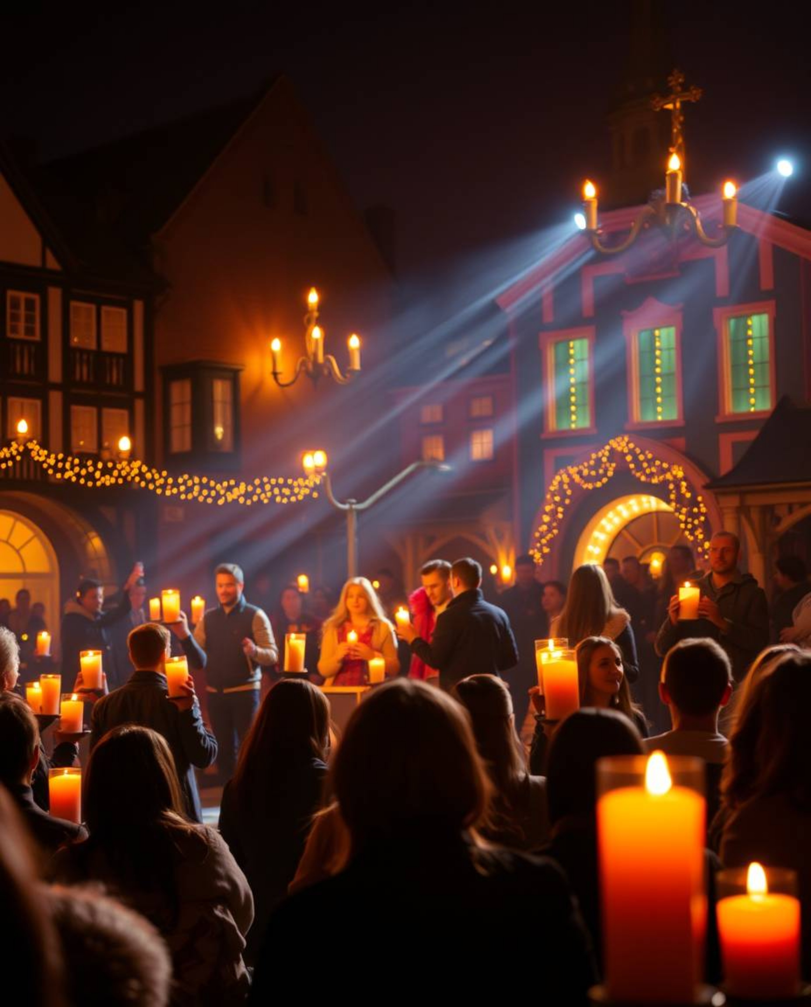 A captivating musical number unfolds in a bright town square, bathed in the warm glow of candlelight. Iridescent reflections 