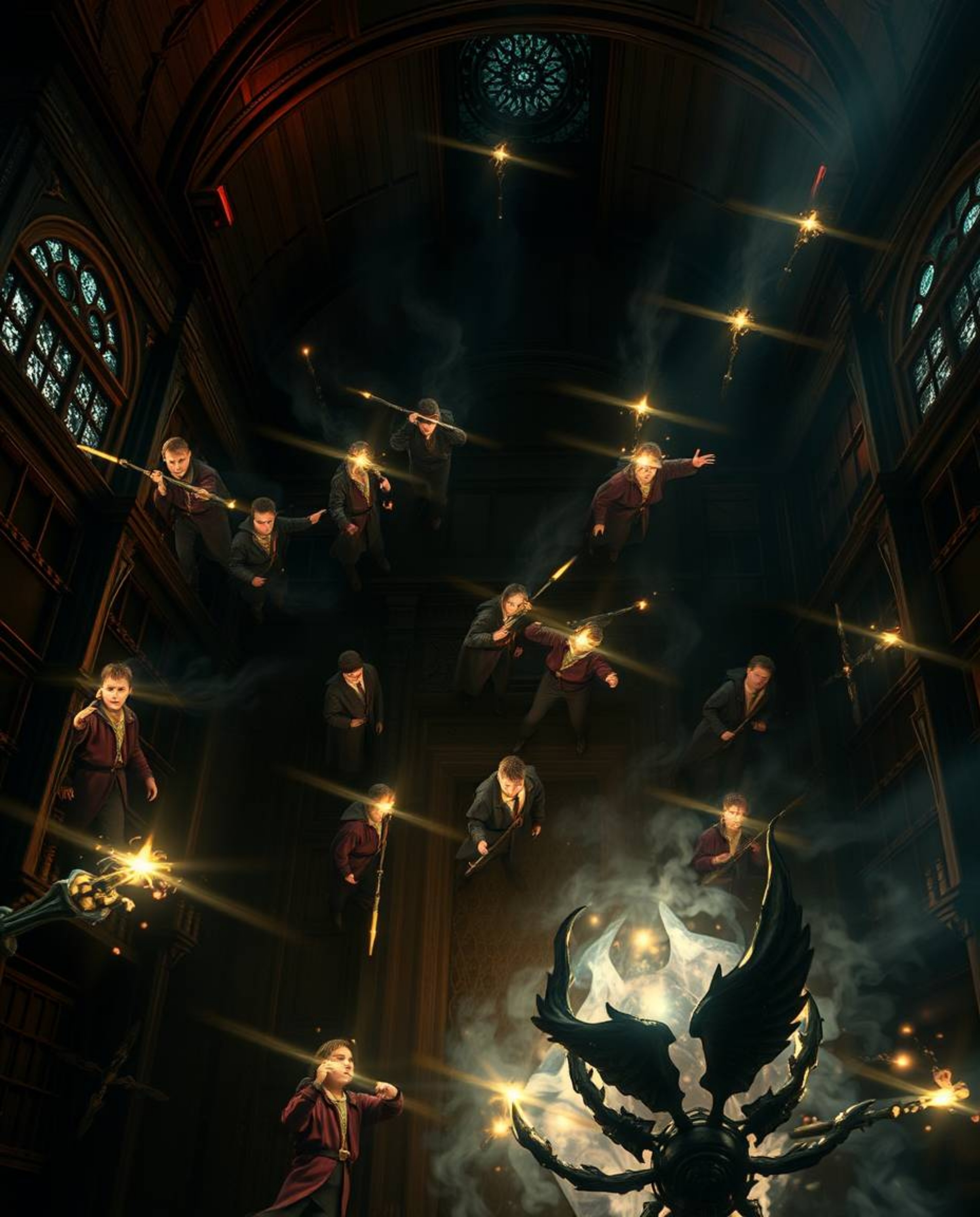 Experience a magical school teeming with young wizards, captured from a captivating top-down perspective. Intense, dramatic l
