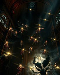 Experience a magical school teeming with young wizards, captured from a captivating top-down perspective. Intense, dramatic l