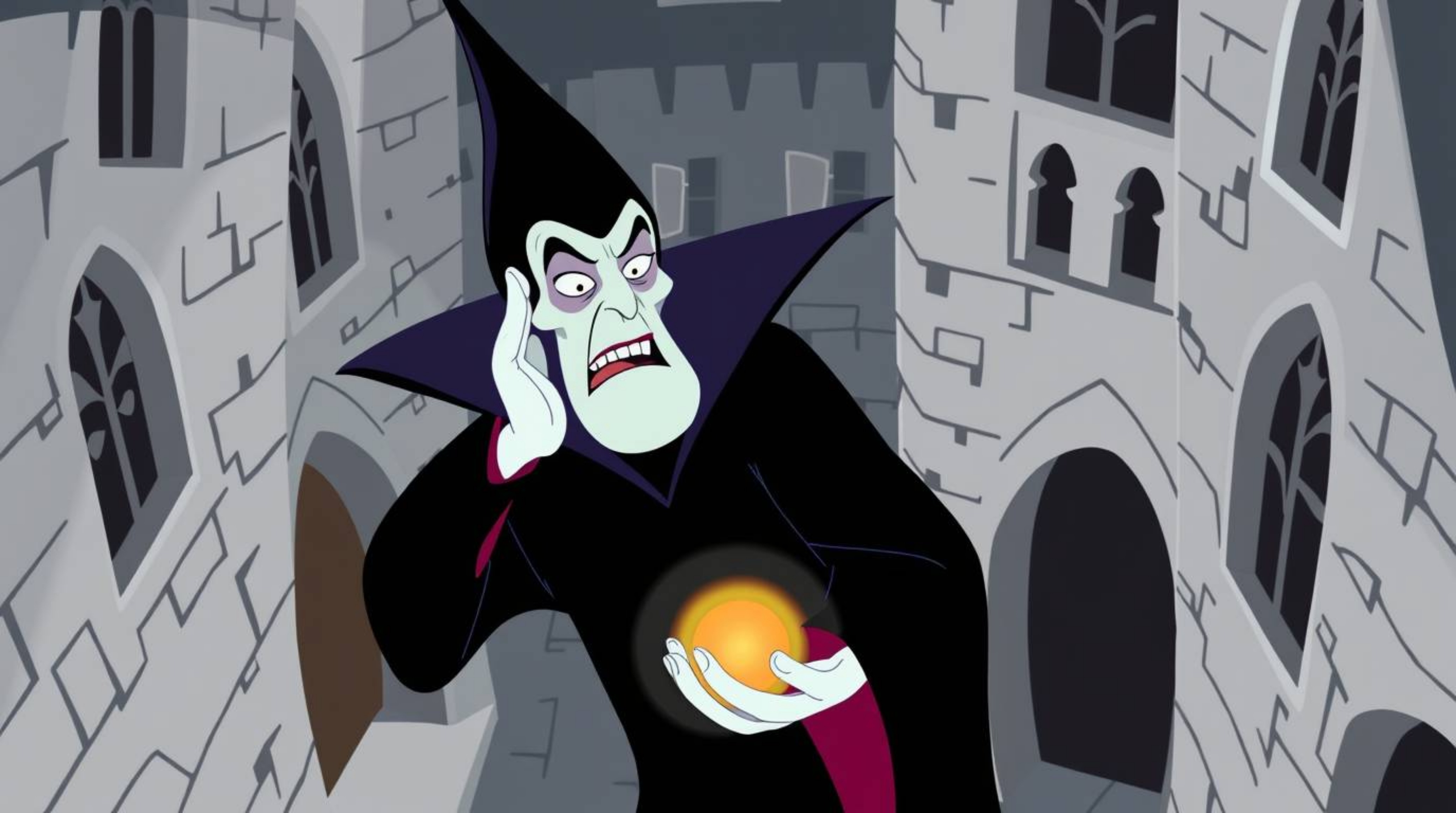 A captivating illustration of a classic Disney villain, rendered in a modern flat design style. The villain, with exaggerate