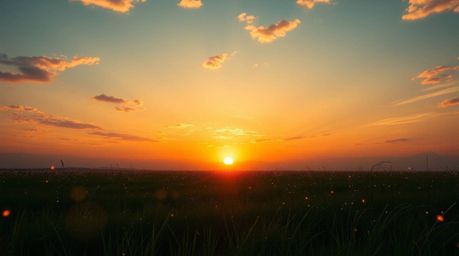 Capture the magic of a futuristic sunset over a serene meadow with this epic, high-resolution stock photo. Fireflies begin to