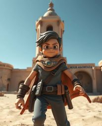 A stunning architectural color photograph captures a brave, Disney-style hero embarking on a thrilling desert adventure.  The