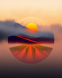 This design features a geometric logo depicting a vineyard sunset, characterized by its use of vibrant complementary colors t