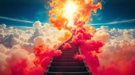 A visually striking depiction of an energetic journey into the unknown, featuring a winding stairway of smoke and light ascen