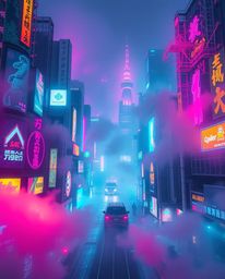 Download this stunning high-resolution stock photo depicting a futuristic cyberpunk cityscape.  The image features vibrant co