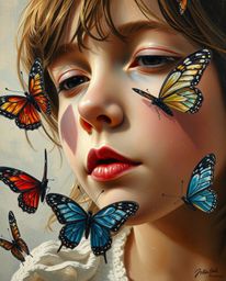 This stunning oil painting captures a girl releasing butterflies in exquisite detail. The extreme close-up macro perspective 