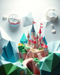 Explore a breathtaking, intricate origami-style kingdom featuring vibrant floating islands and majestic castles. The scene sh