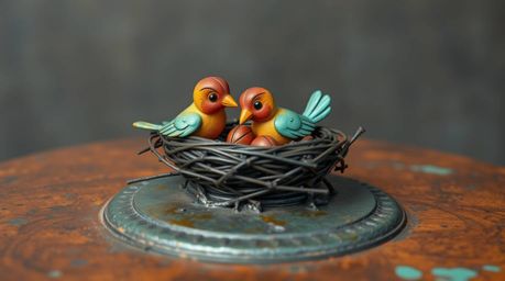 Two cartoon birds are depicted diligently building a nest in a classic animation style, rendered on a cast bronze surface fea