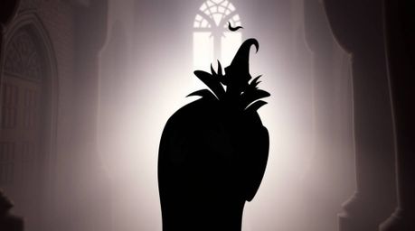 A classic Disney villain, partially obscured by soft pastel backlighting, casts a spell within the ancient walls of a castle.