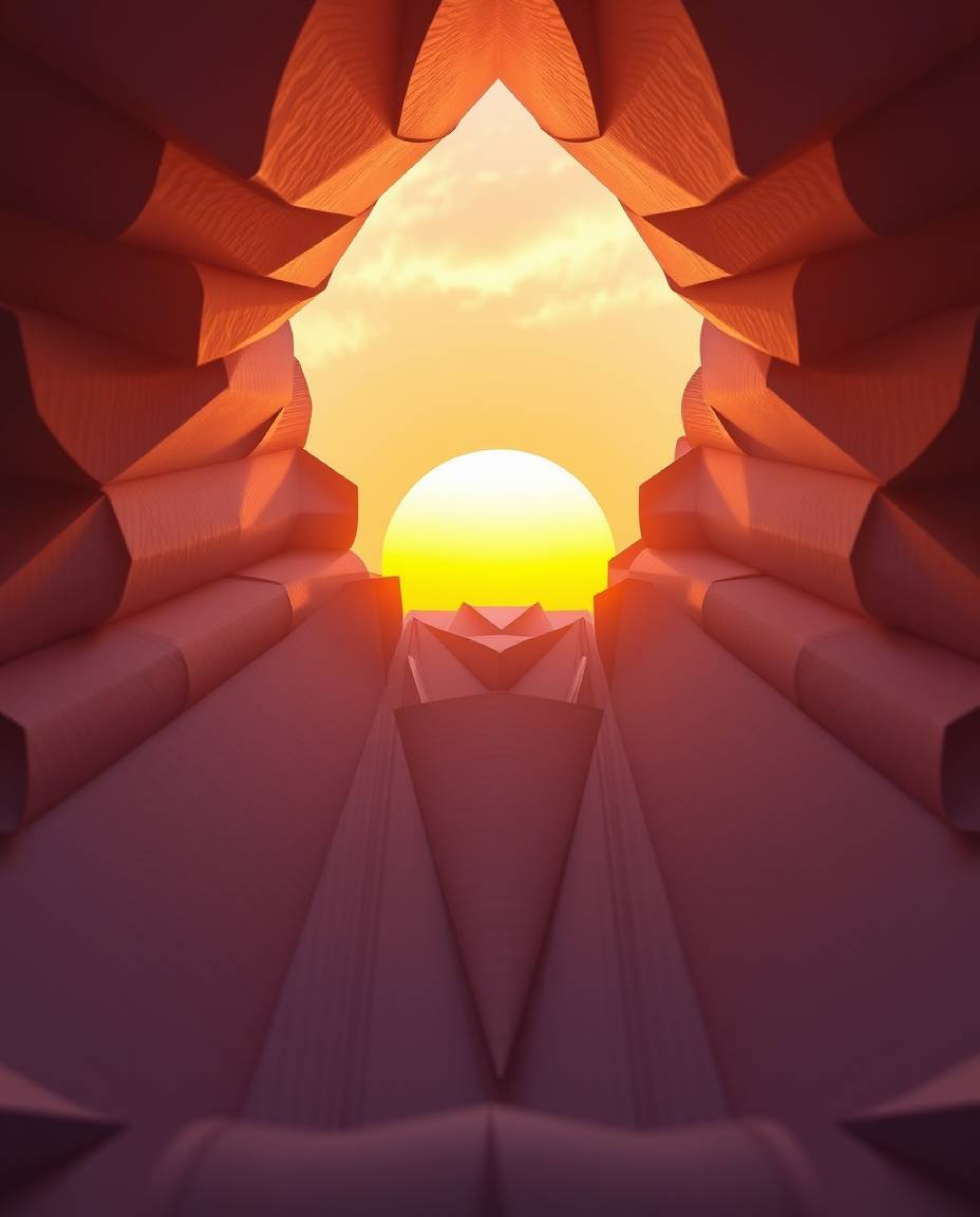 A low angle, intricate origami-style Sun setting behind a dramatic waterfall. This piece emphasizes the folded paper texture 