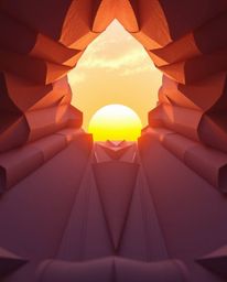 A low angle, intricate origami-style Sun setting behind a dramatic waterfall. This piece emphasizes the folded paper texture 