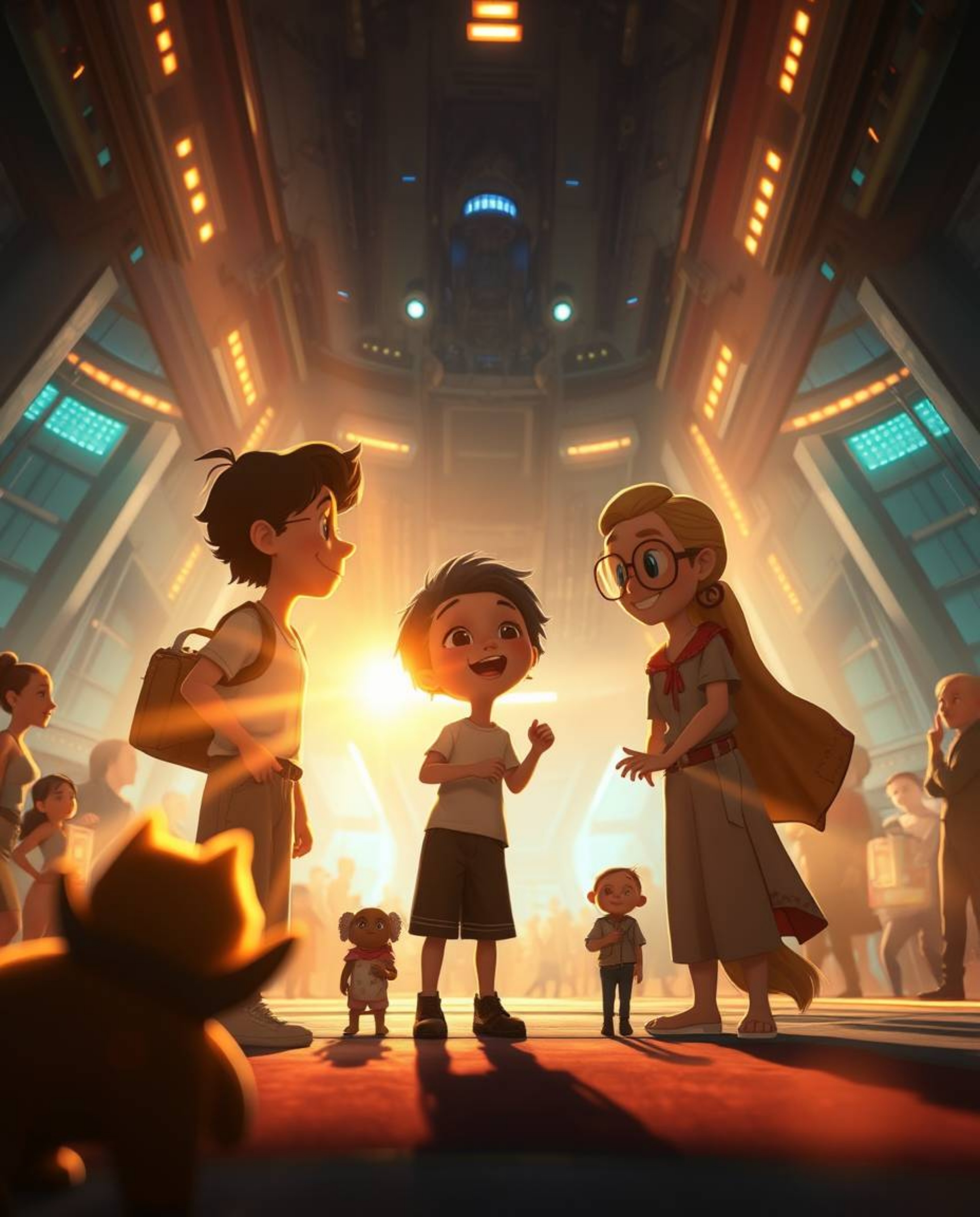 Experience an epic and grand scene of a Pixar-style family reunion in a modern futuristic setting. Bathed in a warm golden gl