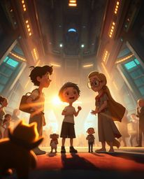 Experience an epic and grand scene of a Pixar-style family reunion in a modern futuristic setting. Bathed in a warm golden gl