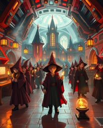 Step into a mesmerizing futuristic wizard school, where young wizards hone their craft amidst advanced technology and breatht