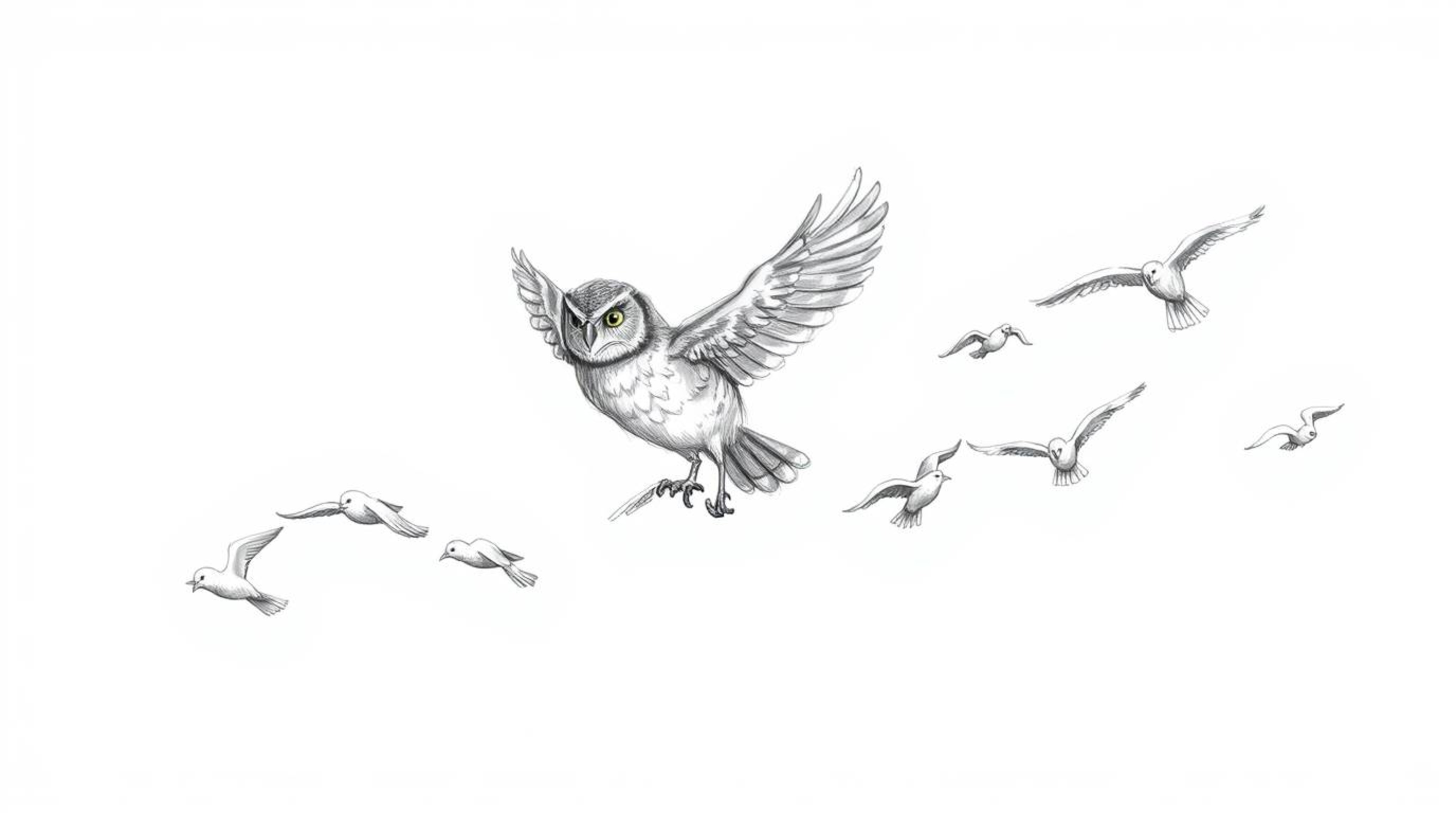 A rough, textured pencil sketch in Pixar style depicts a blind owl with lightly shaded feathers guiding a flock of birds in h
