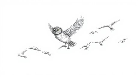 A rough, textured pencil sketch in Pixar style depicts a blind owl with lightly shaded feathers guiding a flock of birds in h