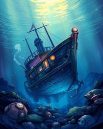 This artwork presents a gracefully elegant illustration of a shipwreck illuminated deep underwater, showcasing iridescent col