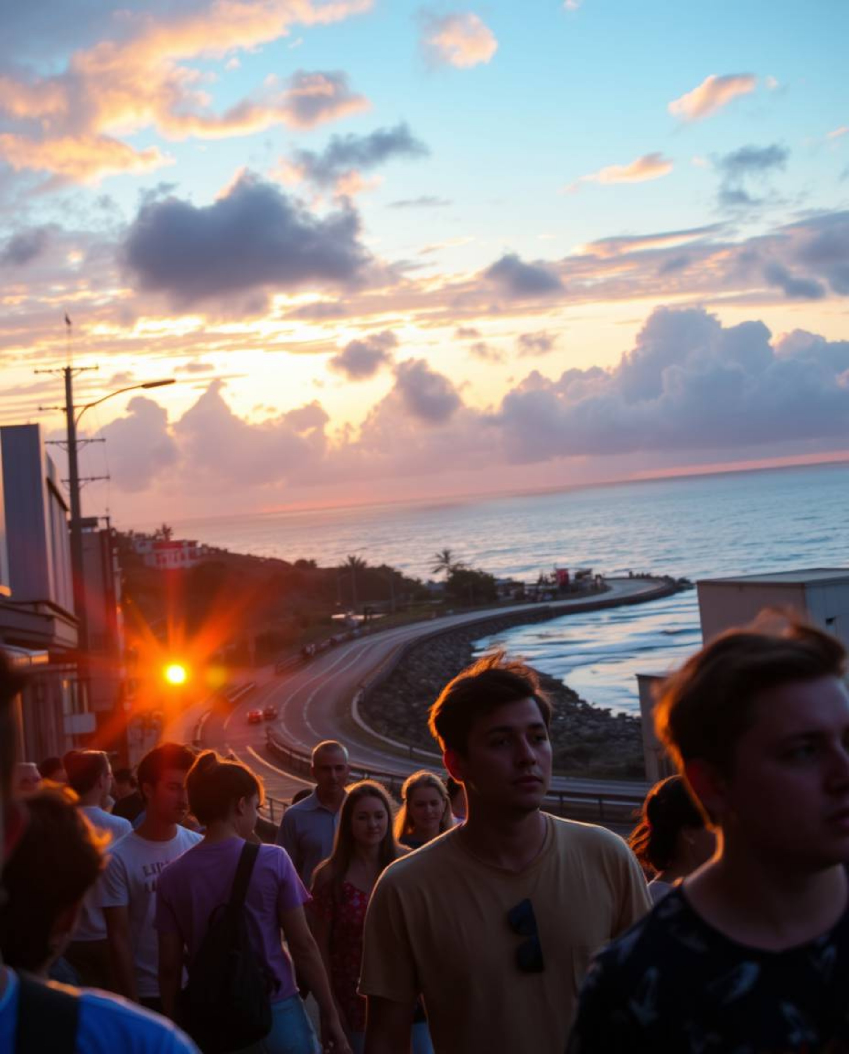 This is a piece of candid street photography capturing spontaneous urban scenes along a winding coastal highway, all under a 