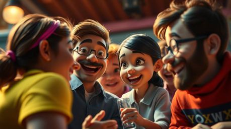 Experience a heartfelt and energetic family reunion brought to life in a stunning, Pixar-style extreme macro close-up. This h