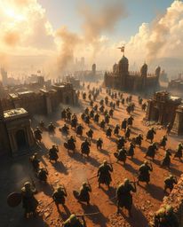 A stunning digital painting depicting a chaotic battlefield where time-warped soldiers clash amidst crumbling buildings. View