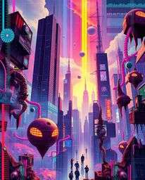 Discover a dreamlike, surreal digital landscape featuring distorted skyscrapers, static noise, and fantastical elements. This