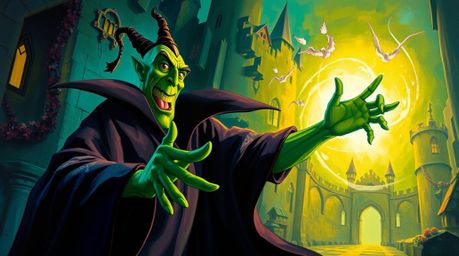 A classic Disney villain with green skin and sharp features casts a powerful spell within a crumbling gothic castle, rendered