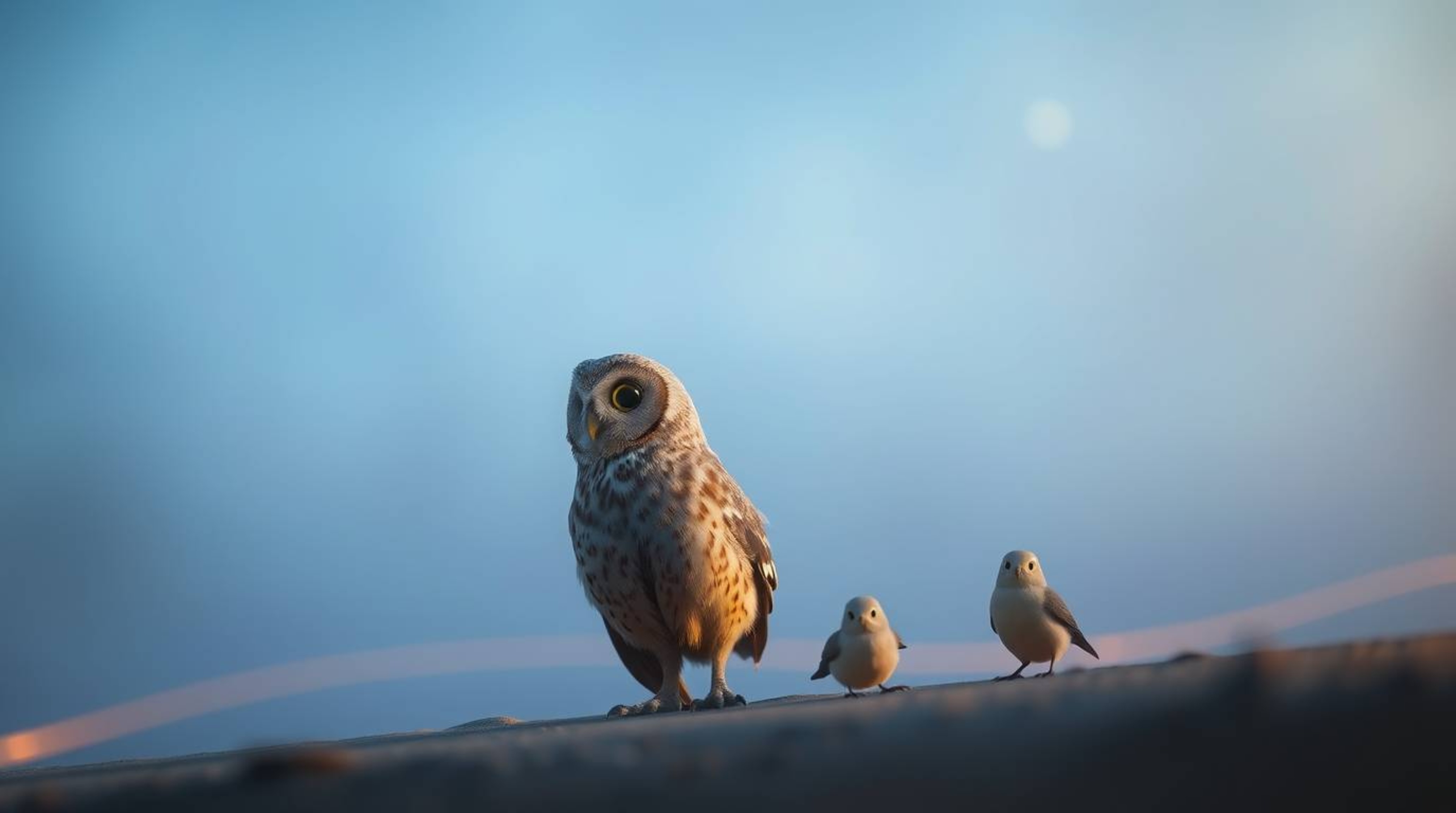 A piece of long exposure photography captures a wise-looking, blind owl in a Pixar style. With feathers the color of warm san