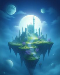 Explore an ethereal and surreal floating island, a digital artwork rendered in cool blues, greens, and purples. This scene sh