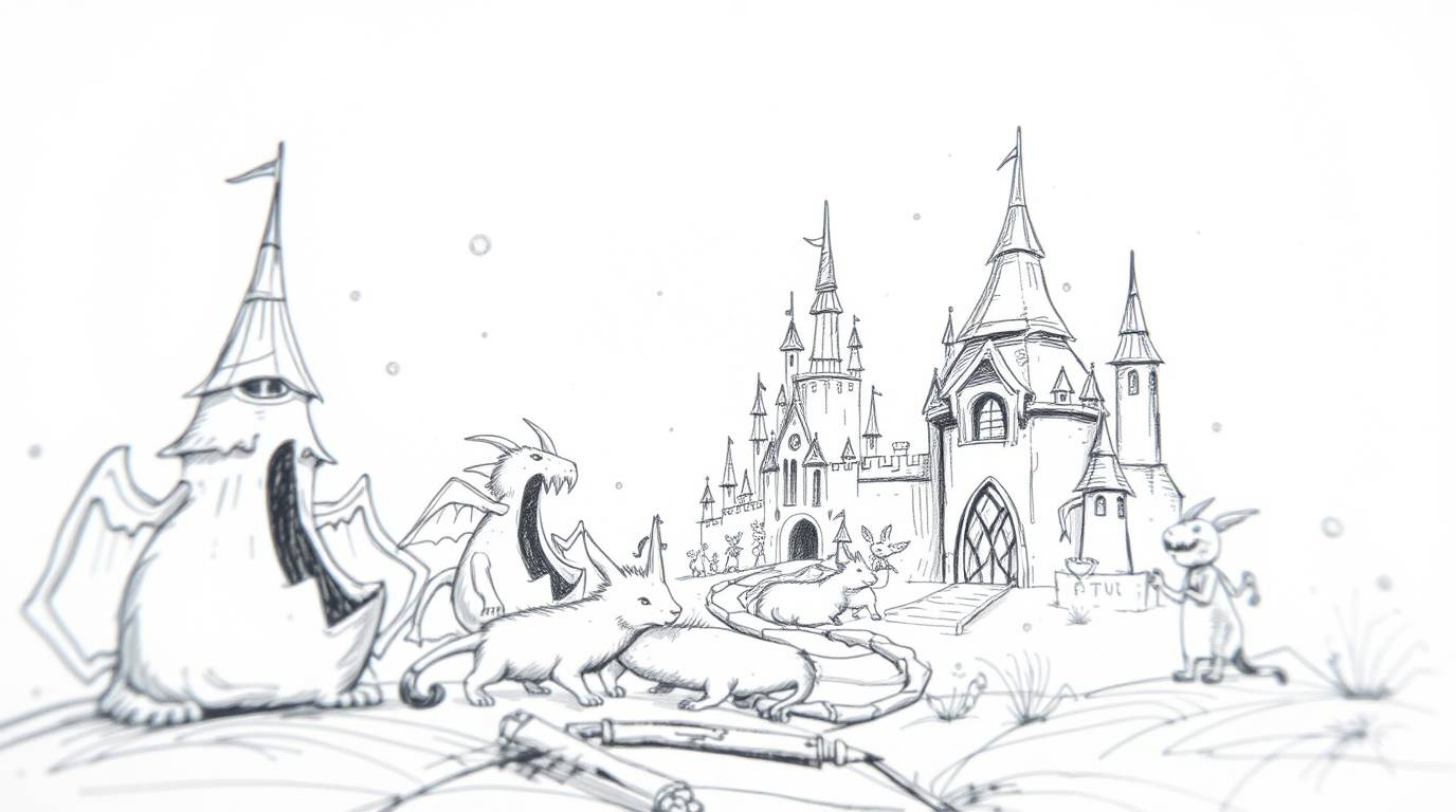 Explore a whimsical hand-drawn fantasy kingdom teeming with quirky magical creatures in this artistic sketch. The artwork fea
