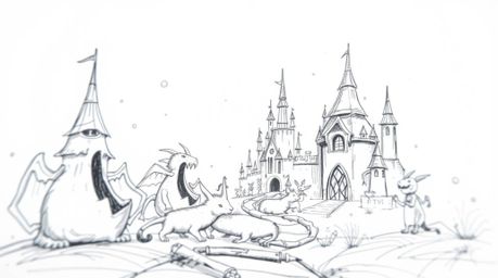 Explore a whimsical hand-drawn fantasy kingdom teeming with quirky magical creatures in this artistic sketch. The artwork fea
