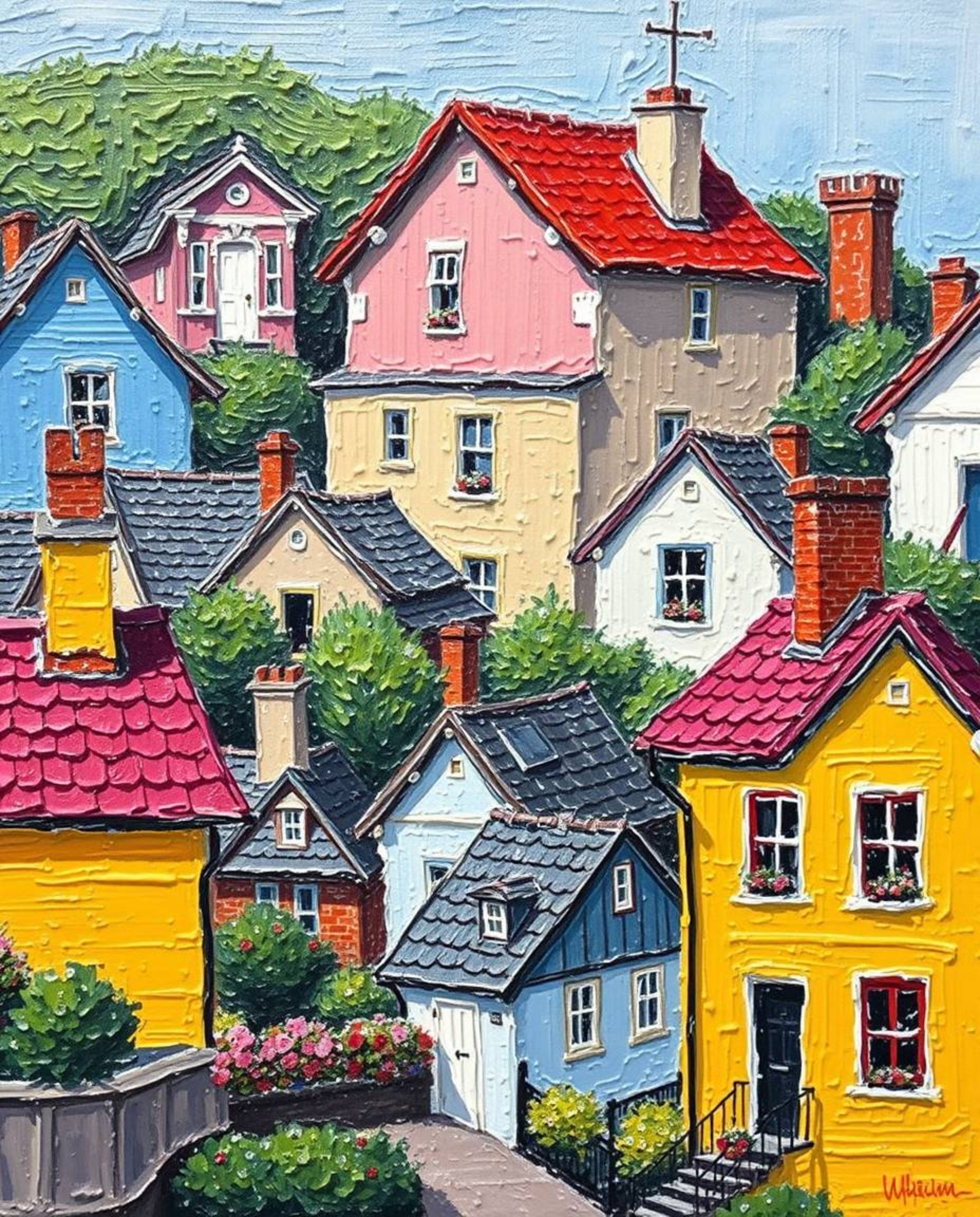 Discover a captivating close-up acrylic painting of a sleepy town, showcasing pastel-colored houses and vibrant colors.  The 
