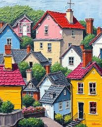 Discover a captivating close-up acrylic painting of a sleepy town, showcasing pastel-colored houses and vibrant colors. The