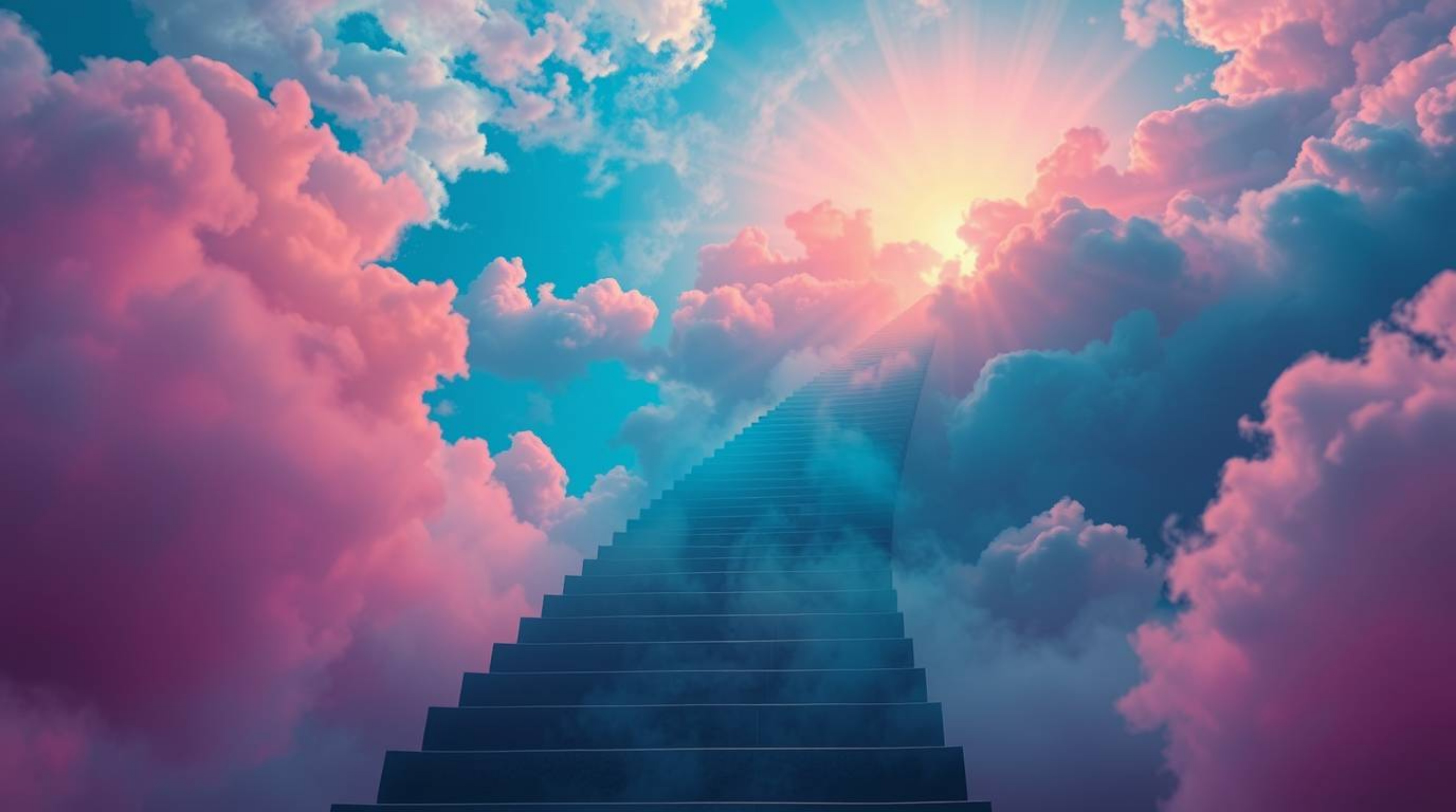 A surreal stairway ascends through smoky clouds towards a bright celestial light, embodying a dreamlike atmosphere of spiritu