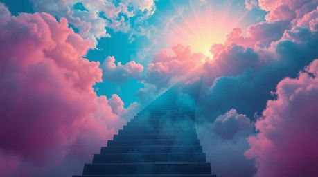 A surreal stairway ascends through smoky clouds towards a bright celestial light, embodying a dreamlike atmosphere of spiritu