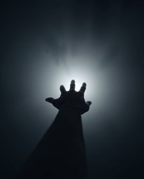 This image captures a hand reaching towards a source of light from a darkened, fog-shrouded background. The moody style, low 