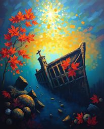 This bold acrylic painting captures the captivating beauty of a shipwreck illuminated deep underwater. The warm autumn colors