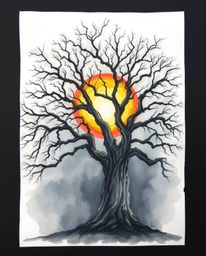 A delicate watercolor painting of a sunset behind an old oak tree with twisted branches. This artwork is distinguished by its