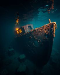 Explore the haunting beauty of a shipwreck illuminated deep underwater, where the warm terracotta hues contrast with the cool